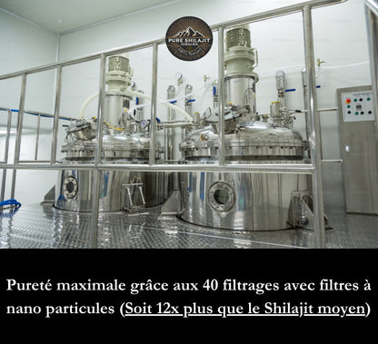 Pureté maximale grâce aux 40 filtrages avec filtres à nanoparticules soit 12 fois plus que le Shilajit moyen.