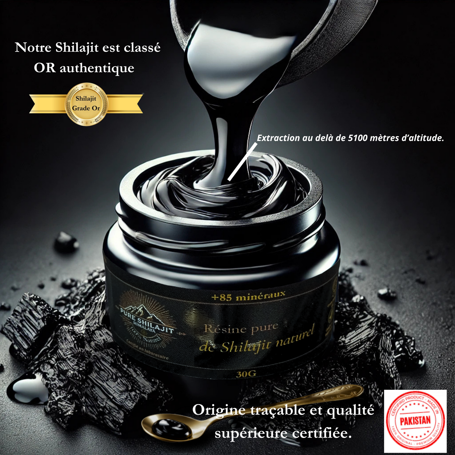 Pot de 30 grammes de résine de Shilajit naturel
